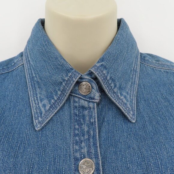 Harley Davidson Women Extra Small XS Blue Denim Snap Embroidered Vest Shirt Top - Picture 3 of 12